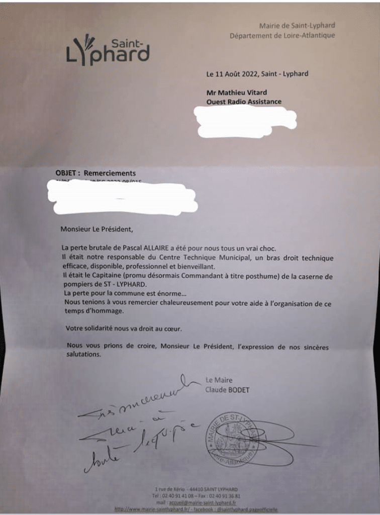 Courrier Maire de Saint-Lyphard remerciements participation obsèques