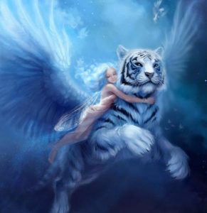Image d'illustration d'une ange sur un tigre avec des ailes